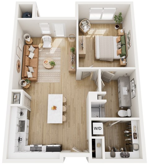 Floor plan for 1 bed, 1 bath, 734 sqft